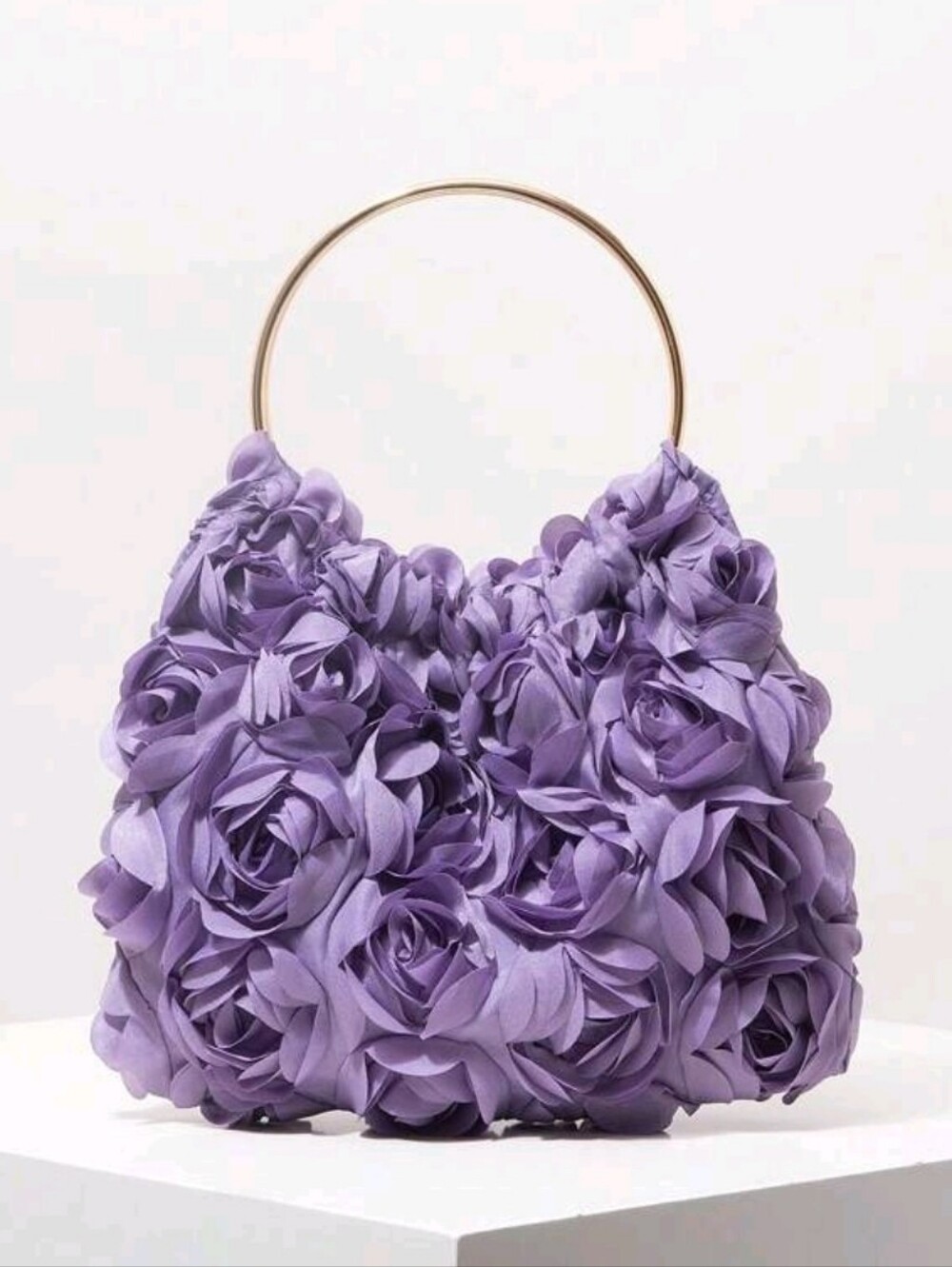 Lavender Floral Rose Cluster Handbag with Gold Ring Handle